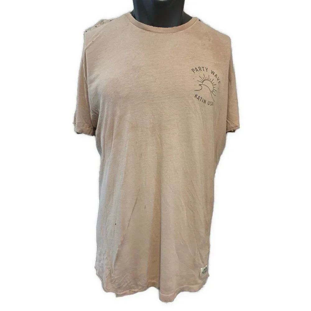 Katin Men’s Beige Pink Distressed Party Wave Short Sleeve T Shirt Large